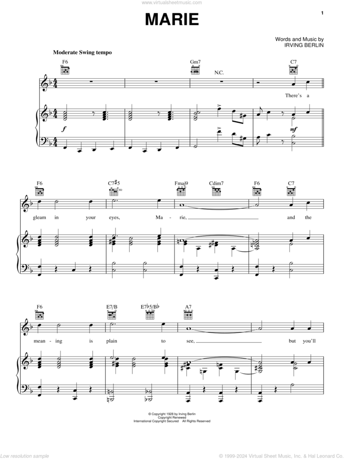 Marie sheet music for voice, piano or guitar by Irving Berlin and The Bachelors, intermediate skill level