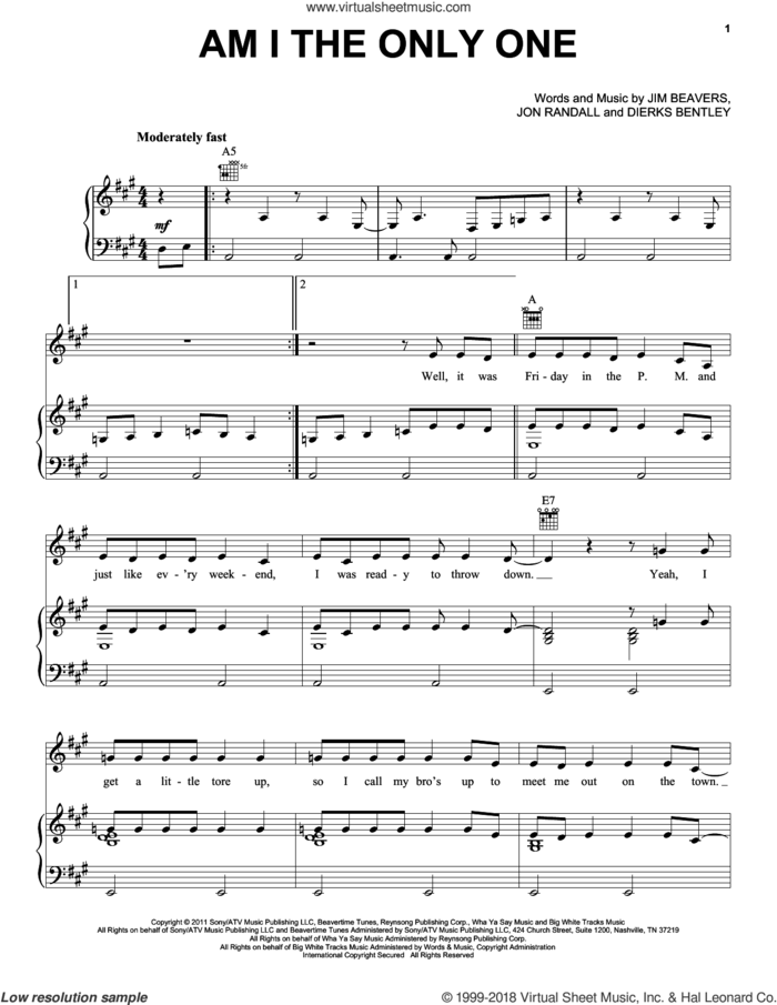 Am I The Only One sheet music for voice, piano or guitar by Dierks Bentley, Jim Beavers and Jon Randall, intermediate skill level