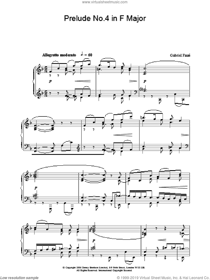 Prelude No.4 in F Major sheet music for piano solo by Gabriel Faure, classical score, intermediate skill level