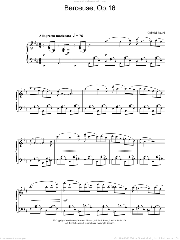 Berceuse, Op.16 sheet music for piano solo by Gabriel Faure, classical score, intermediate skill level