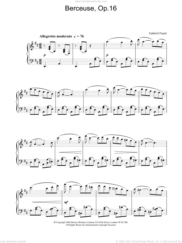 Berceuse, Op.16 sheet music for piano solo by Gabriel Faure, classical score, intermediate skill level