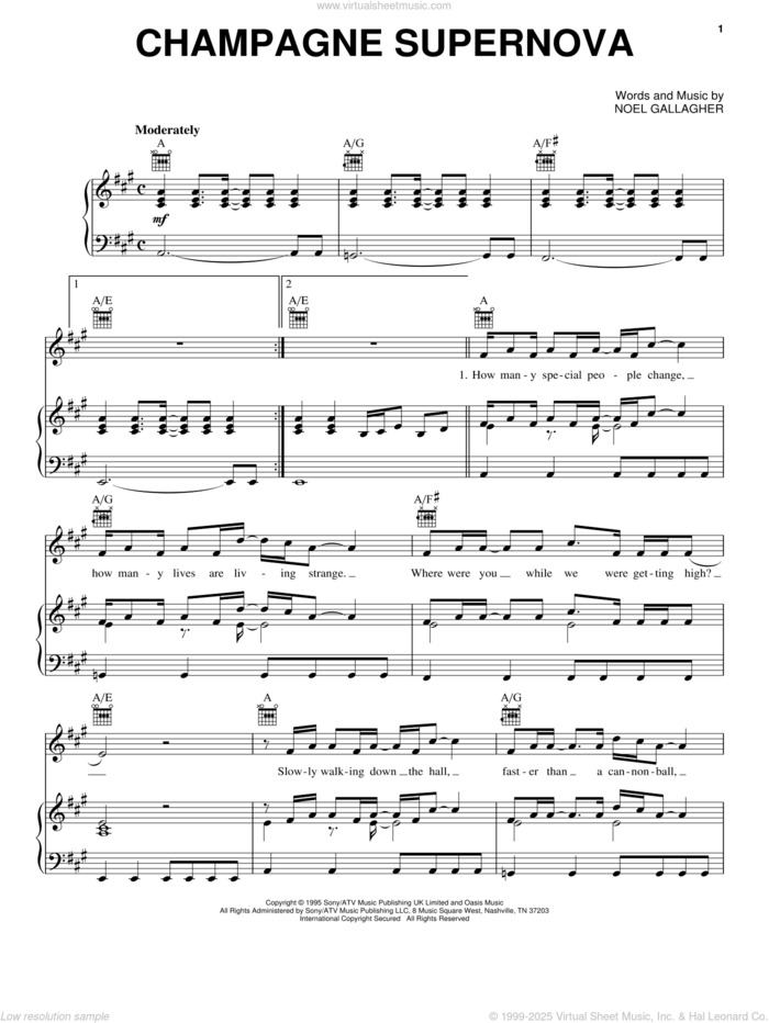 Champagne Supernova sheet music for voice, piano or guitar by Oasis and Noel Gallagher, intermediate skill level