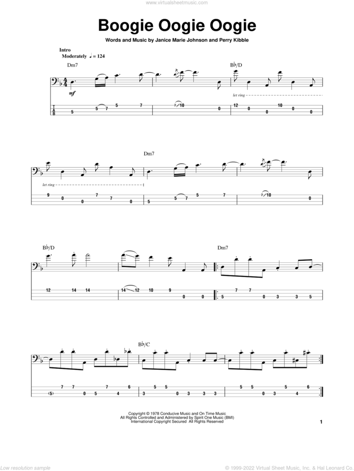 Boogie Oogie Oogie sheet music for bass (tablature) (bass guitar) by A Taste Of Honey, Janice Marie Johnson and Perry Kibble, intermediate skill level