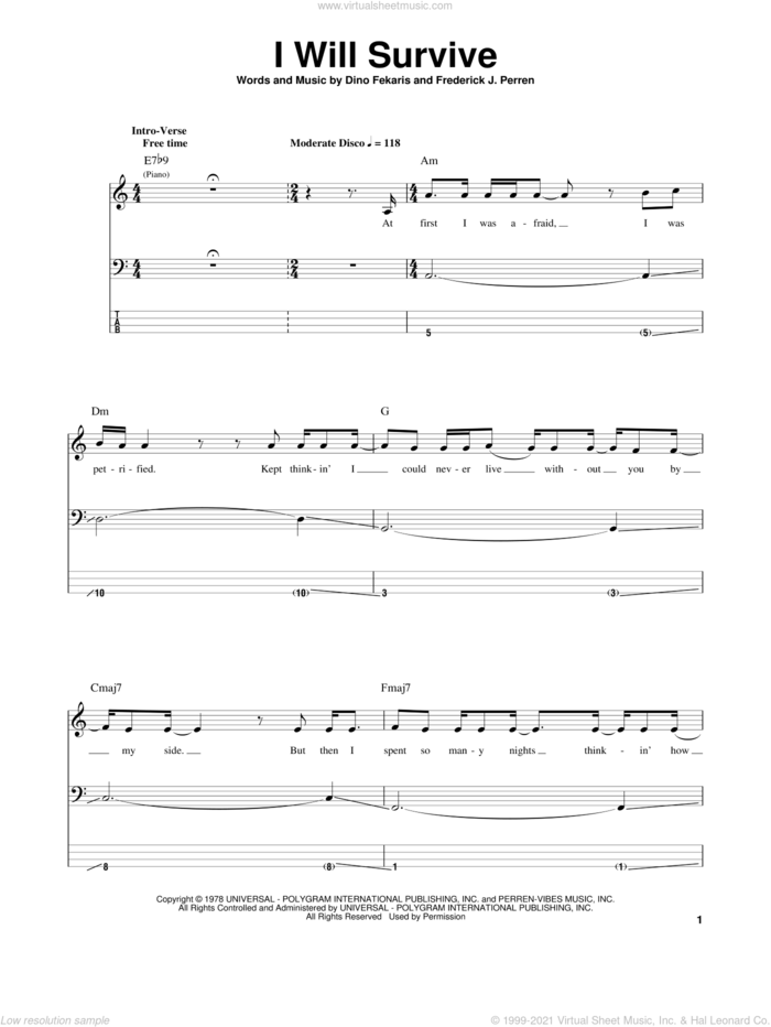 I Will Survive sheet music for bass (tablature) (bass guitar) by Gloria Gaynor, Dino Fekaris and Frederick Perren, intermediate skill level