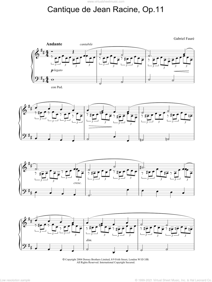 Cantique de Jean Racine, Op.11 sheet music for piano solo by Gabriel Faure, classical score, intermediate skill level