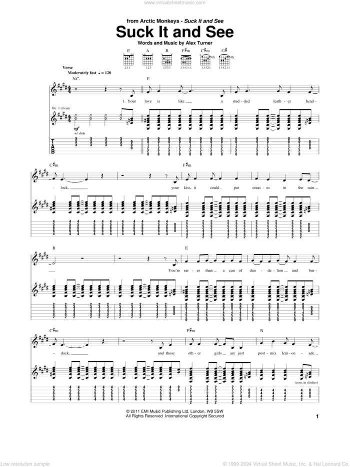 Suck It And See sheet music for guitar (tablature) by Arctic Monkeys and Alex Turner, intermediate skill level