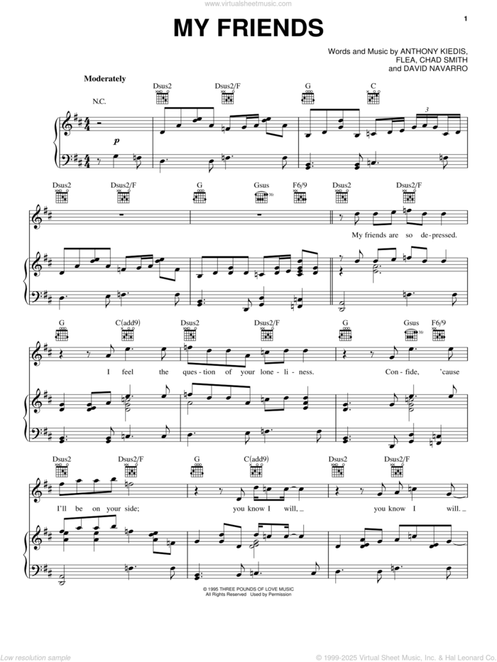 My Friends sheet music for voice, piano or guitar by Red Hot Chili Peppers, Anthony Kiedis, Chad Smith, David Navarro and Flea, intermediate skill level