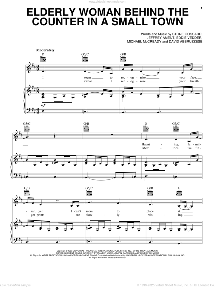 Elderly Woman Behind The Counter In A Small Town sheet music for voice, piano or guitar by Pearl Jam, David Abbruzzese, Eddie Vedder, Jeffrey Ament, Michael McCready and Stone Gossard, intermediate skill level