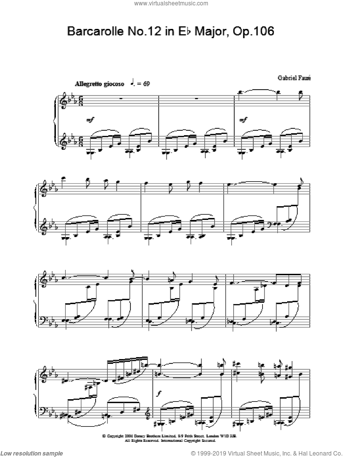 Barcarolle No.12 in Eb Major, Op.106 sheet music for piano solo by Gabriel Faure, classical score, intermediate skill level