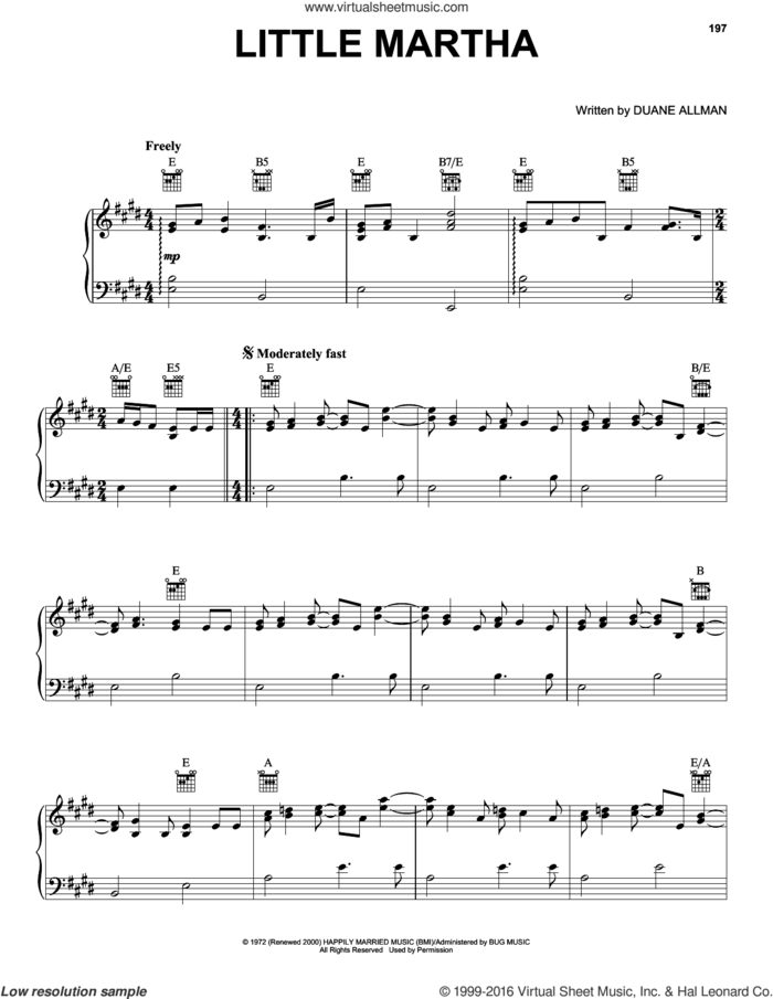 Little Martha sheet music for voice, piano or guitar by Allman Brothers Band, The Allman Brothers Band and Duane Allman, intermediate skill level