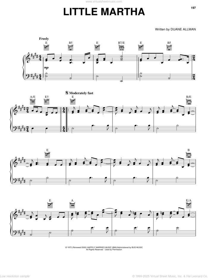 Little Martha sheet music for voice, piano or guitar by Allman Brothers Band, The Allman Brothers Band and Duane Allman, intermediate skill level