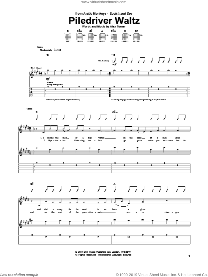 Piledriver Waltz sheet music for guitar (tablature) by Arctic Monkeys and Alex Turner, intermediate skill level