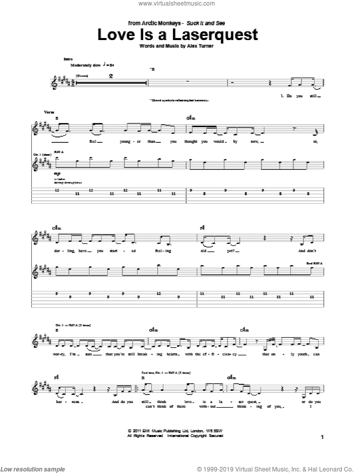 Love Is A Laserquest sheet music for guitar (tablature) by Arctic Monkeys and Alex Turner, intermediate skill level