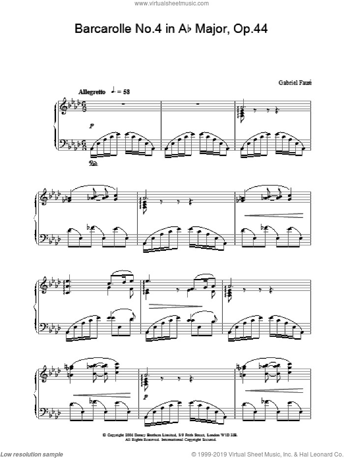 Barcarolle No.4 in Ab Major, Op.44 sheet music for piano solo by Gabriel Faure, classical score, intermediate skill level