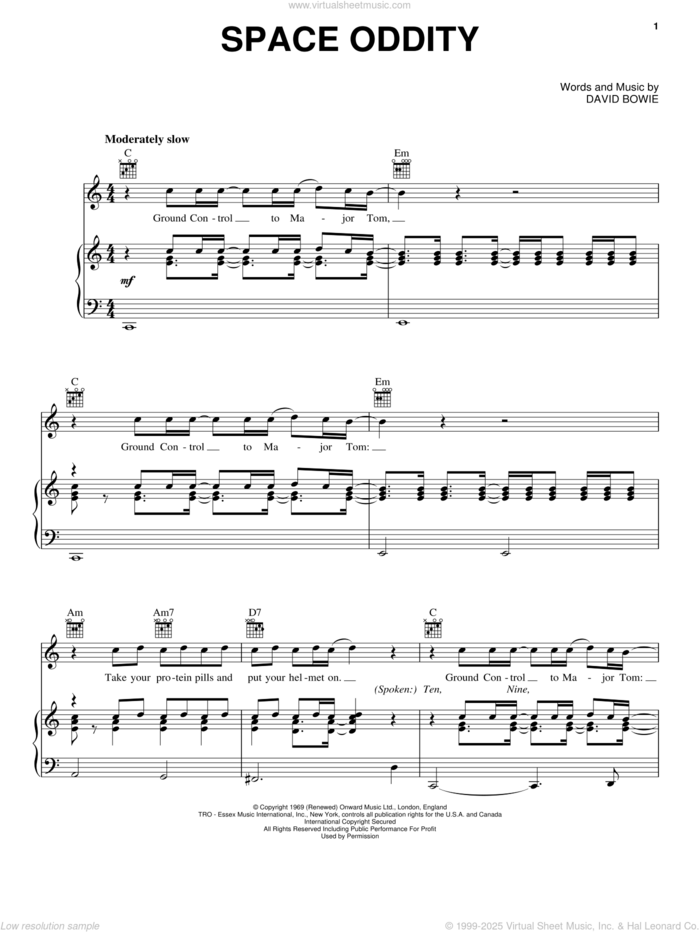 Space Oddity sheet music for voice, piano or guitar by David Bowie, intermediate skill level