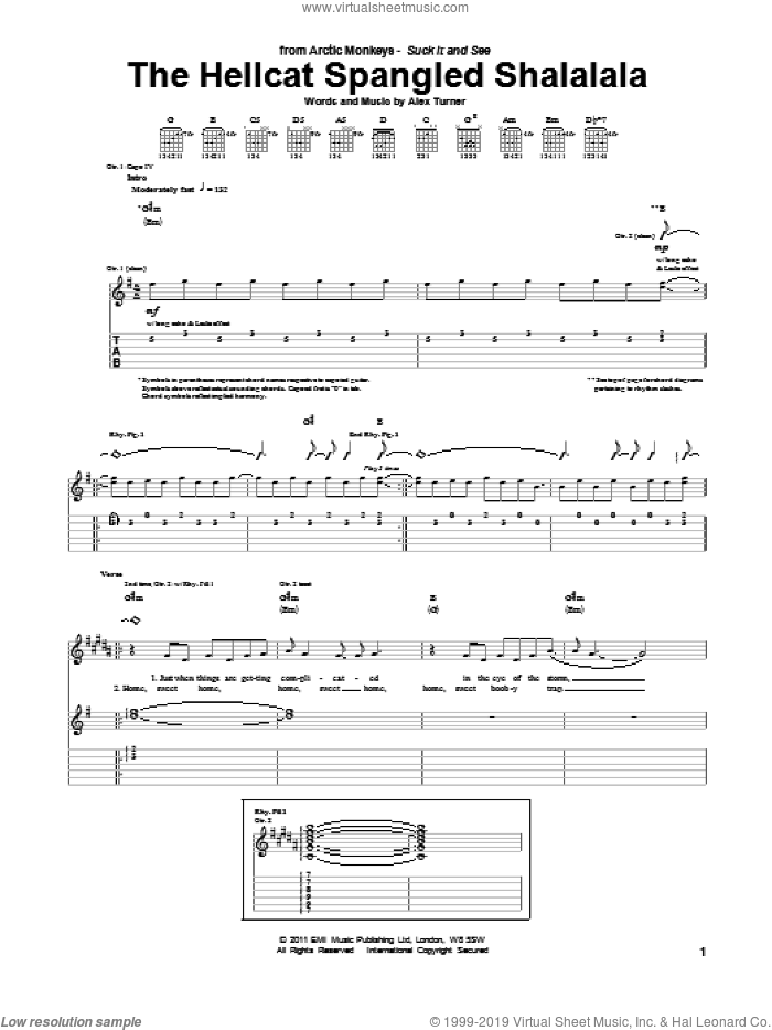 The Hellcat Spangled Shalalala sheet music for guitar (tablature) by Arctic Monkeys and Alex Turner, intermediate skill level