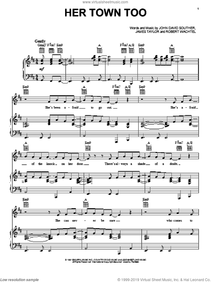 Her Town Too sheet music for voice, piano or guitar by James Taylor with J.D. Souther, James Taylor, John David Souther and Robert Wachtel, intermediate skill level