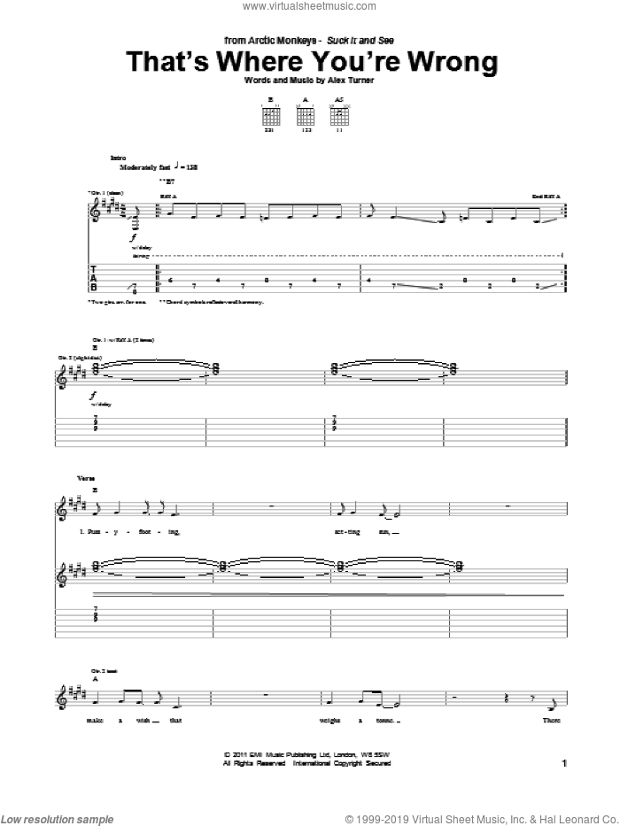 That's Where You're Wrong sheet music for guitar (tablature) by Arctic Monkeys and Alex Turner, intermediate skill level