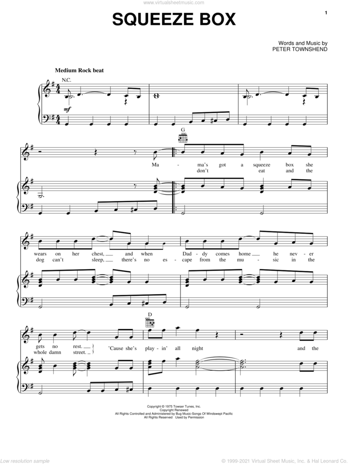 Squeeze Box sheet music for voice, piano or guitar by The Who and Pete Townshend, intermediate skill level