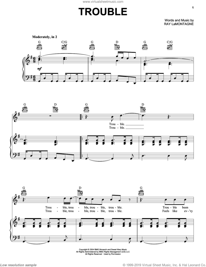 Trouble sheet music for voice, piano or guitar by Ray LaMontagne, intermediate skill level