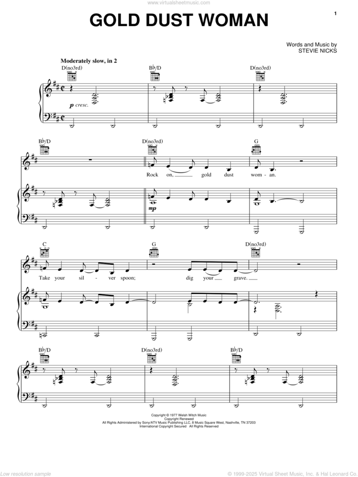 Gold Dust Woman sheet music for voice, piano or guitar by Fleetwood Mac and Stevie Nicks, intermediate skill level