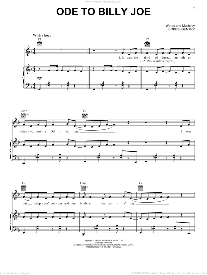 Ode To Billy Joe sheet music for voice, piano or guitar by Bobbie Gentry, intermediate skill level