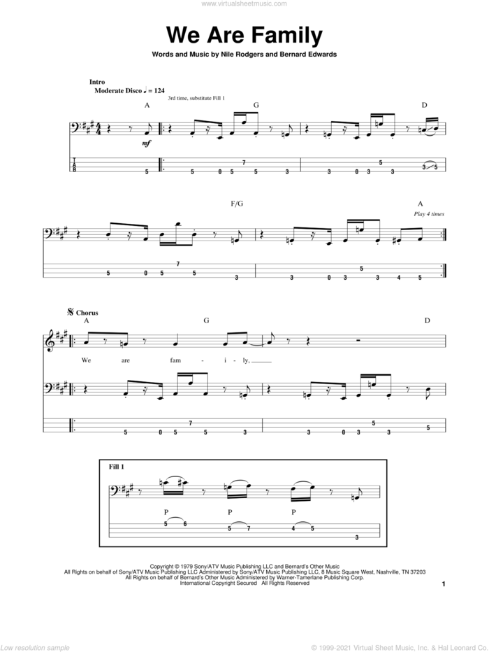 We Are Family sheet music for bass (tablature) (bass guitar) by Sister Sledge, Bernard Edwards and Nile Rodgers, intermediate skill level