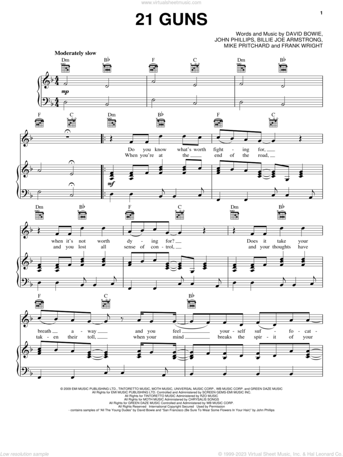21 Guns sheet music for voice, piano or guitar by Green Day, Billie Joe Armstrong, David Bowie, Frank Wright, John Phillips and Mike Pritchard, intermediate skill level