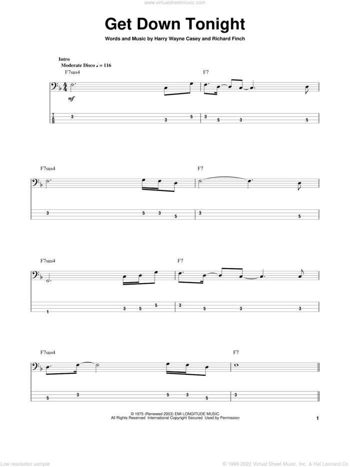 Get Down Tonight sheet music for bass (tablature) (bass guitar) by KC & The Sunshine Band, Harry Wayne Casey and Richard Finch, intermediate skill level