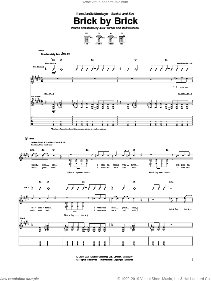 Brick By Brick sheet music for guitar (tablature) by Arctic Monkeys, Alex Turner and Matt Helders, intermediate skill level