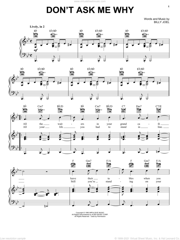 Don't Ask Me Why sheet music for voice, piano or guitar by Billy Joel, intermediate skill level