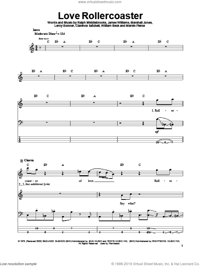 Love Rollercoaster sheet music for bass (tablature) (bass guitar) by Ohio Players, Clarence Satchell, James L. Williams, Leroy Bonner, Marshall Jones, Marvin R. Pierce, Ralph Middlebrooks and Willie Beck, intermediate skill level