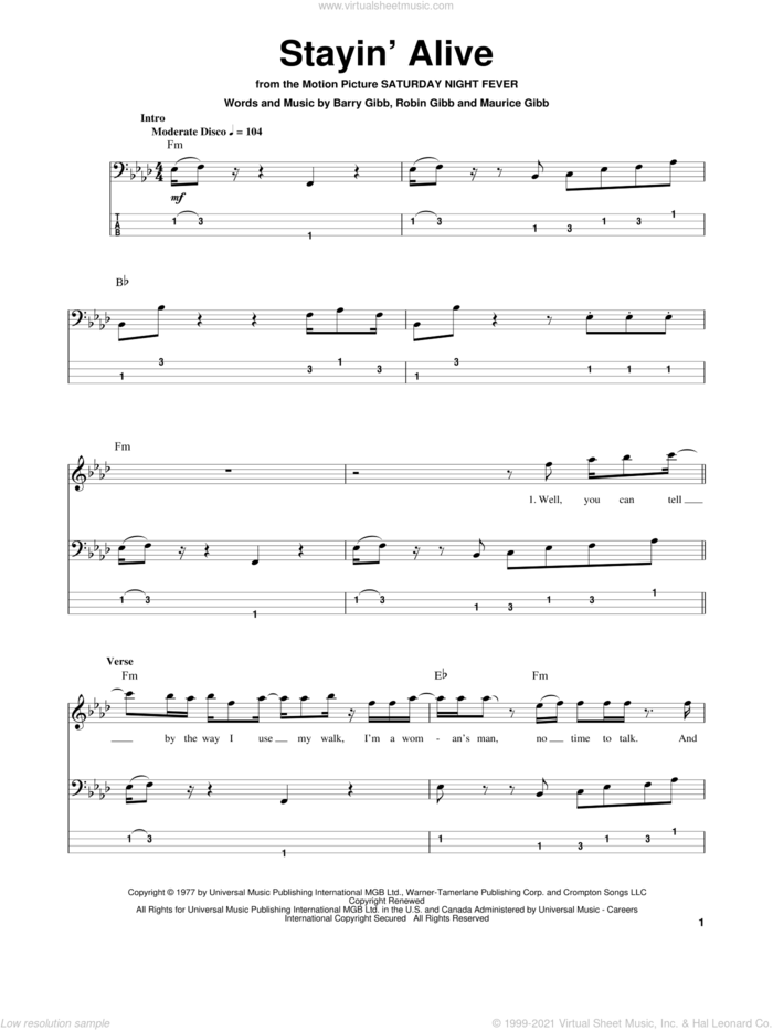 Stayin' Alive sheet music for bass (tablature) (bass guitar) by Bee Gees, Barry Gibb, Maurice Gibb and Robin Gibb, intermediate skill level