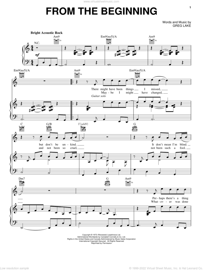 From The Beginning sheet music for voice, piano or guitar by Emerson, Lake & Palmer and Greg Lake, intermediate skill level