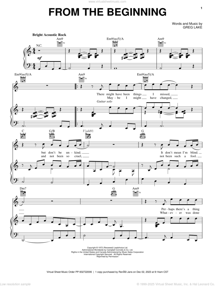 From The Beginning sheet music for voice, piano or guitar by Emerson, Lake & Palmer and Greg Lake, intermediate skill level