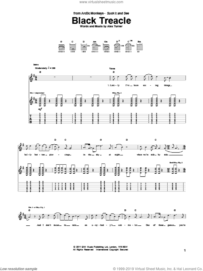 Black Treacle sheet music for guitar (tablature) by Arctic Monkeys and Alex Turner, intermediate skill level