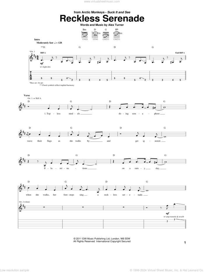 Reckless Serenade sheet music for guitar (tablature) by Arctic Monkeys and Alex Turner, intermediate skill level