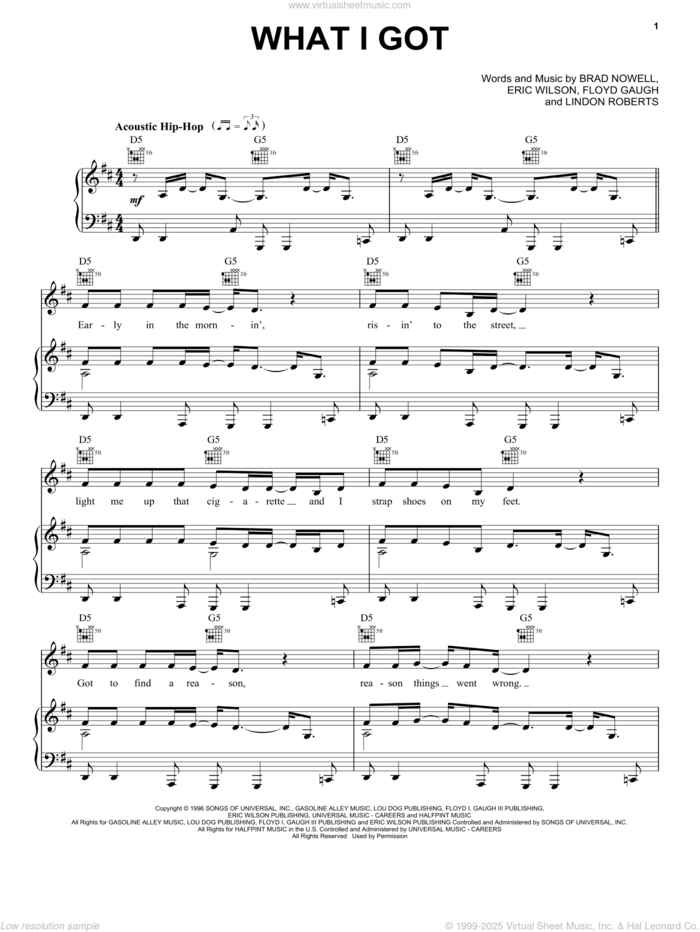 What I Got sheet music for voice, piano or guitar by Sublime, Brad Nowell, Eric Wilson, Floyd Gaugh and Lindon Roberts, intermediate skill level