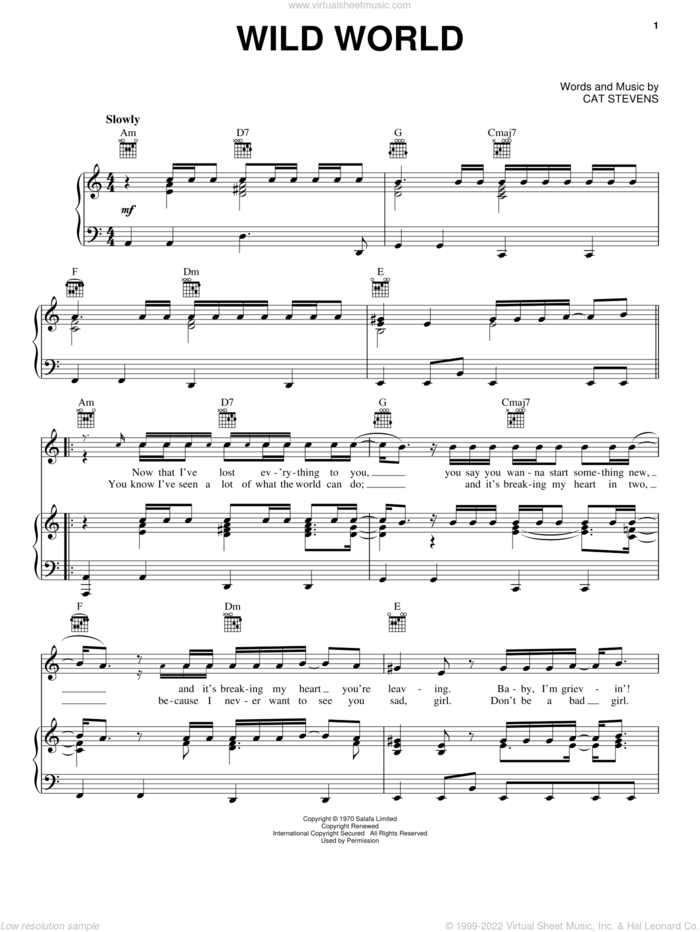 Wild World sheet music for voice, piano or guitar by Cat Stevens and Maxi Priest, intermediate skill level