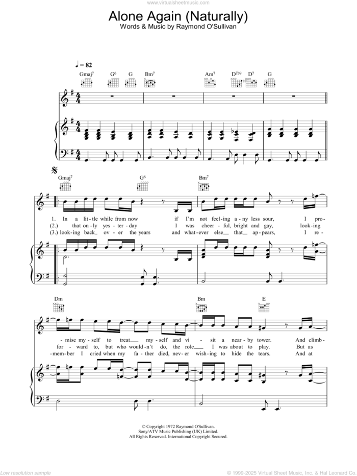 Alone Again (Naturally) sheet music for voice, piano or guitar by Gilbert O'Sullivan, intermediate skill level