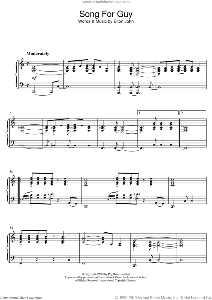 Song For Guy, (intermediate) sheet music for piano solo by Elton John, intermediate skill level