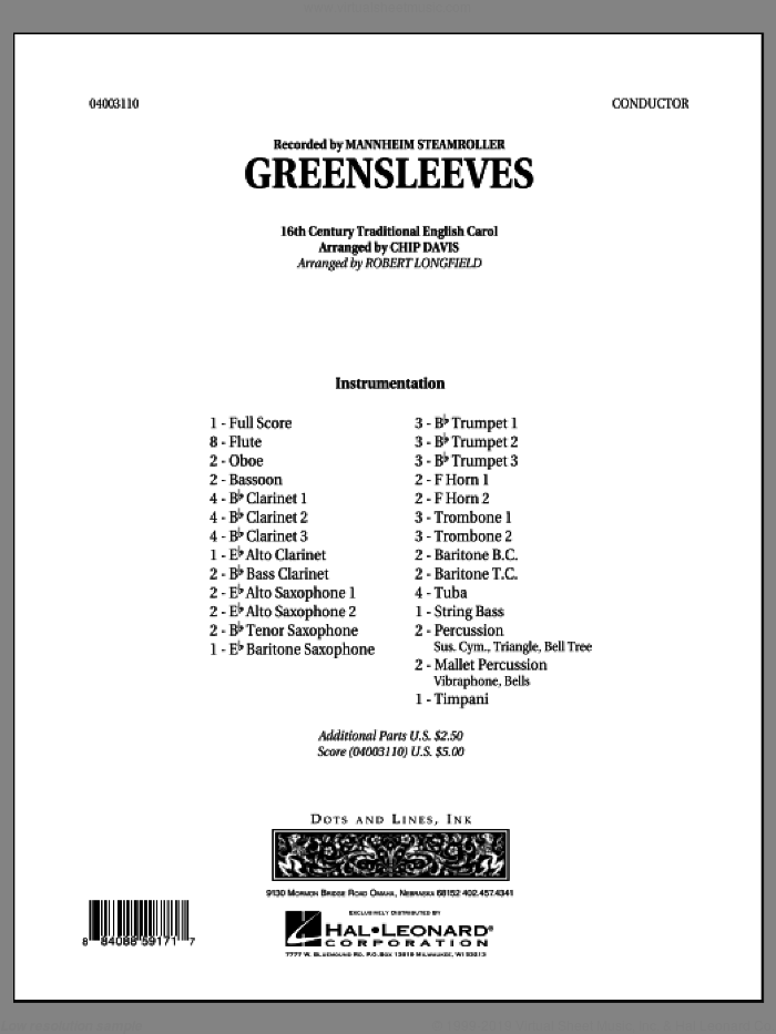 Greensleeves (COMPLETE) sheet music for concert band by Chip Davis, Mannheim Steamroller and Robert Longfield, intermediate skill level