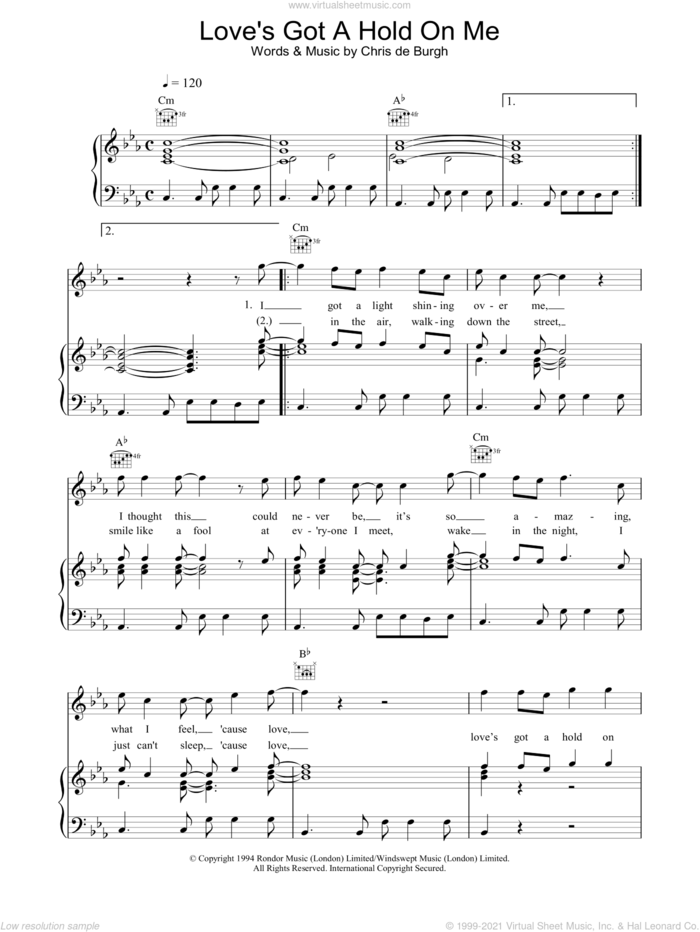 Love's Got A Hold On Me sheet music for voice, piano or guitar by Chris de Burgh, intermediate skill level