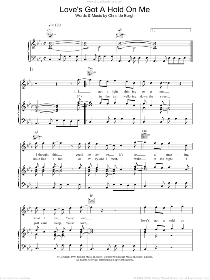 Love's Got A Hold On Me sheet music for voice, piano or guitar by Chris de Burgh, intermediate skill level