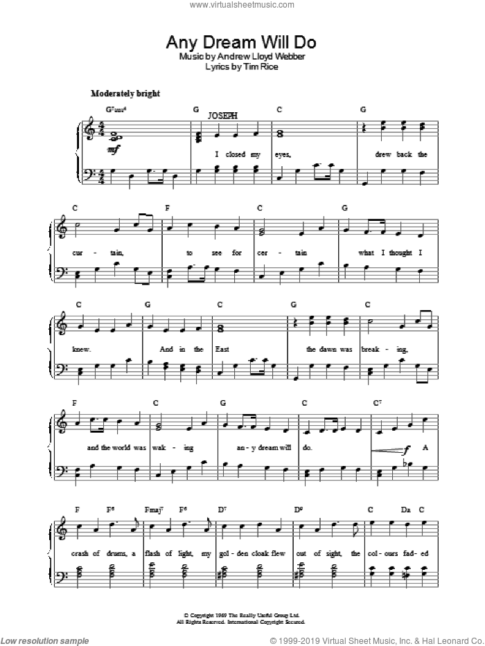 Any Dream Will Do (from Joseph and the Amazing Technicolor Dreamcoat) sheet music for piano solo by Andrew Lloyd Webber and Tim Rice, easy skill level