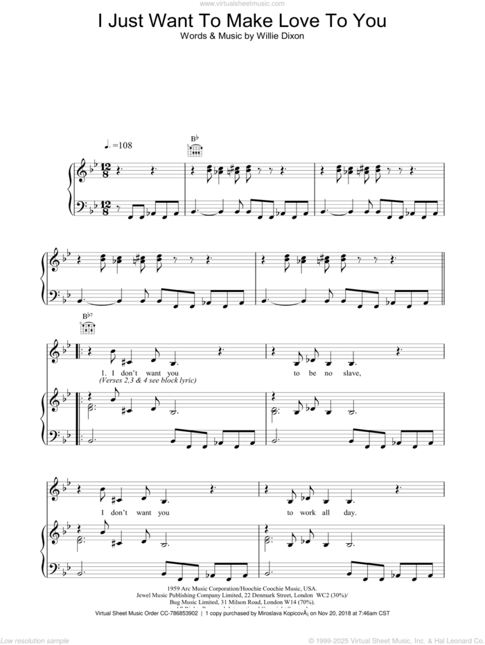 I Just Want To Make Love To You sheet music for voice, piano or guitar by Willie Dixon, Foghat and Muddy Waters, intermediate skill level