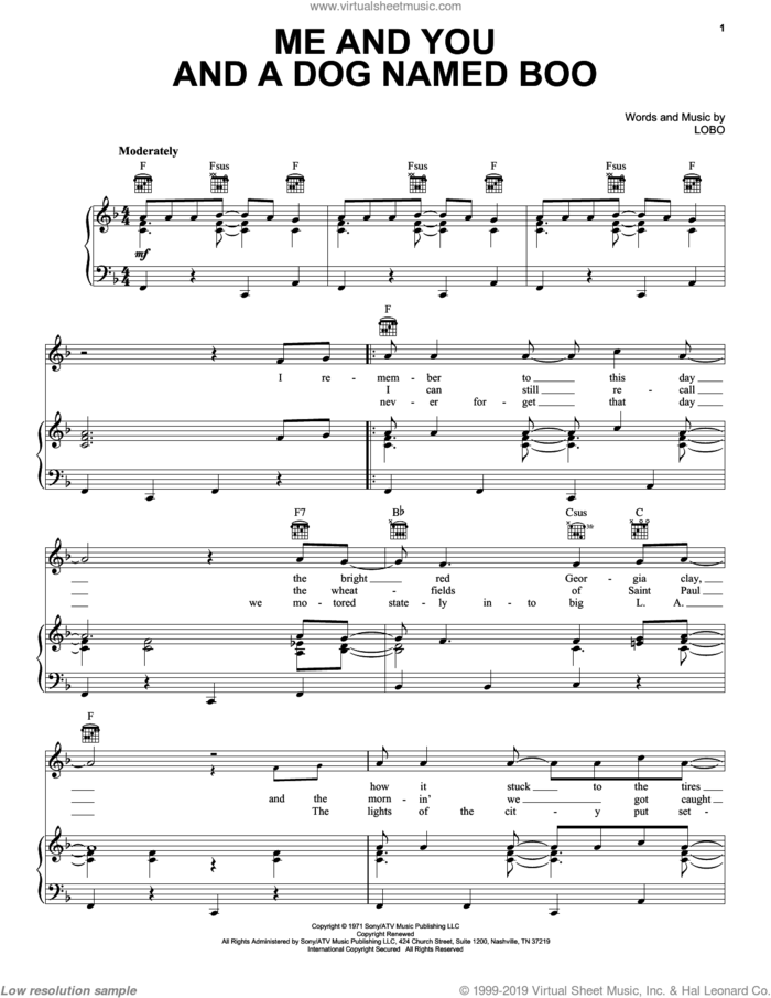 Me And You And A Dog Named Boo sheet music for voice, piano or guitar by Lobo, intermediate skill level