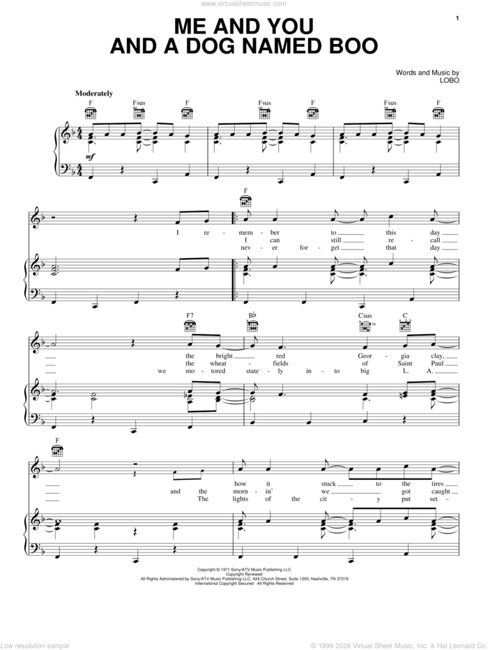 Me And You And A Dog Named Boo sheet music for voice, piano or guitar by Lobo, intermediate skill level