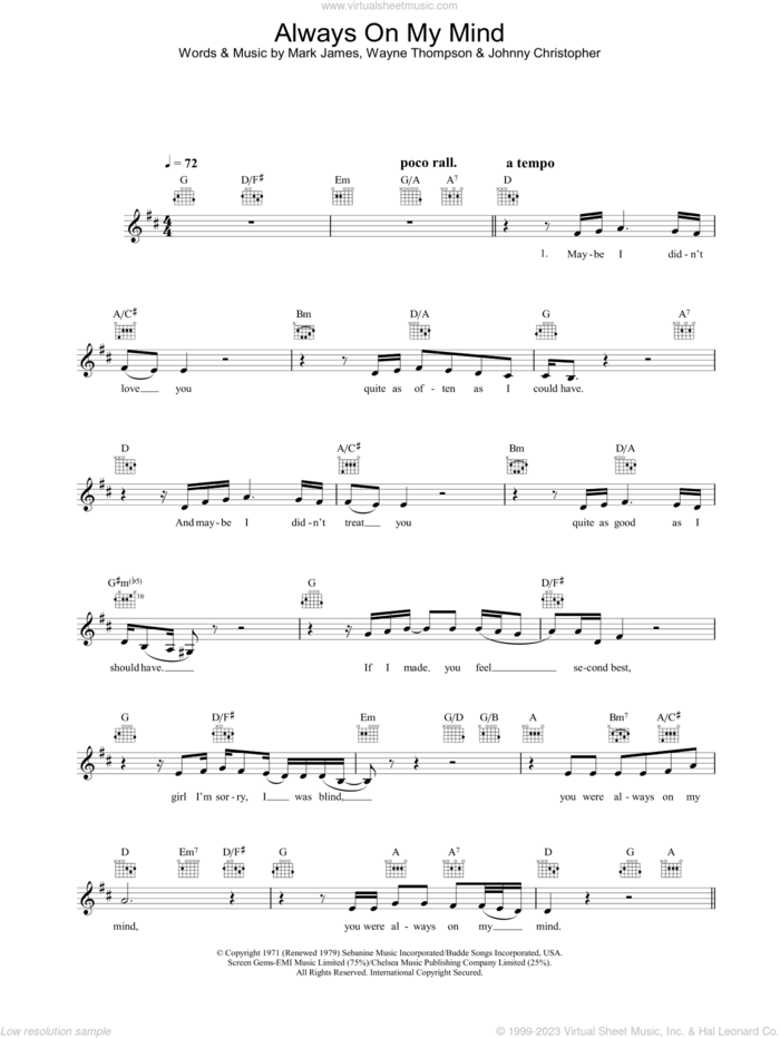 Always On My Mind sheet music for voice and other instruments (fake book) by Elvis Presley, Johnny Christopher, Mark James and Wayne Thompson, intermediate skill level