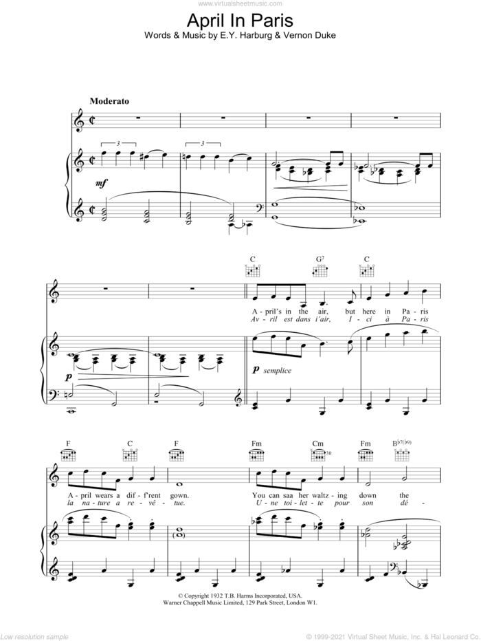 April In Paris sheet music for voice, piano or guitar by Billie Holiday, E.Y. Harburg and Vernon Duke, intermediate skill level